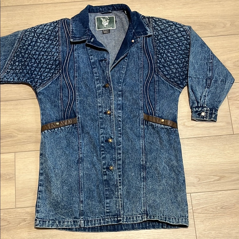 VITG 80'S QUILTED DENIM DUSTER COAT JACKET Size M LEATHER TRIM Ruth Douglas